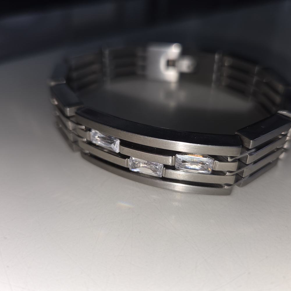 8½" Men's Silver Stainless Steel Bracelet with Faux Diamond Accents